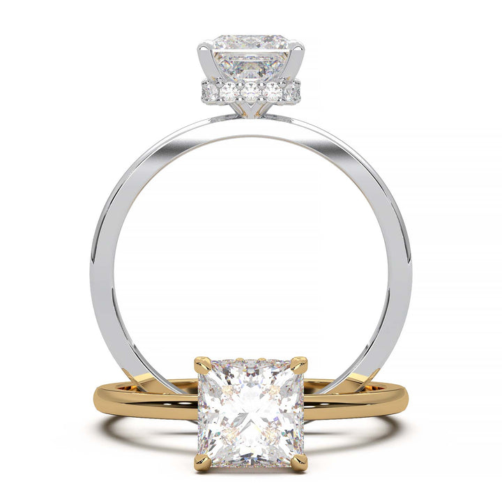 Princess cut lab-grown diamond ring with a hidden halo setting, showcasing a brilliant one-carat diamond.