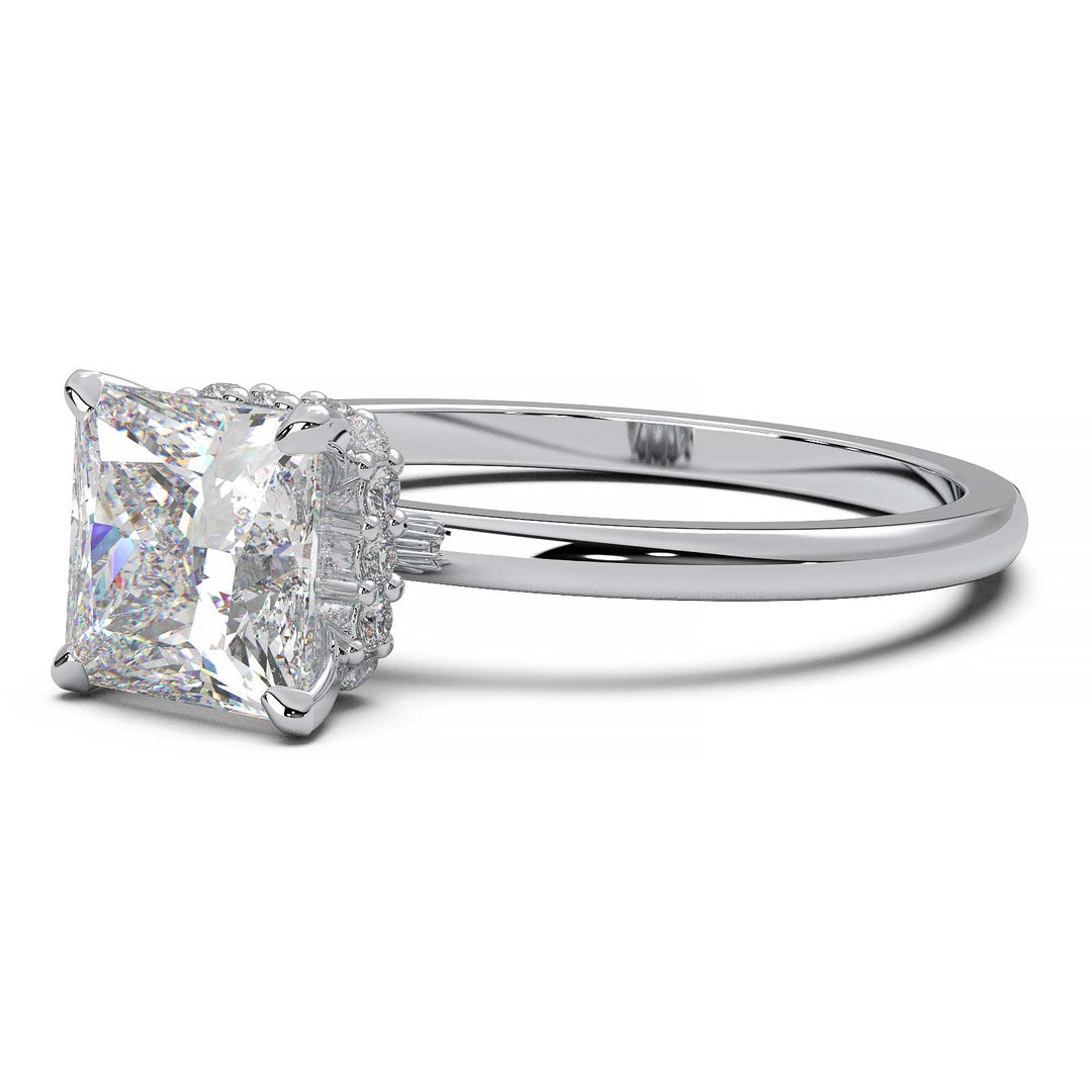 Princess cut lab-grown diamond ring with a hidden halo setting, showcasing a brilliant one-carat diamond.