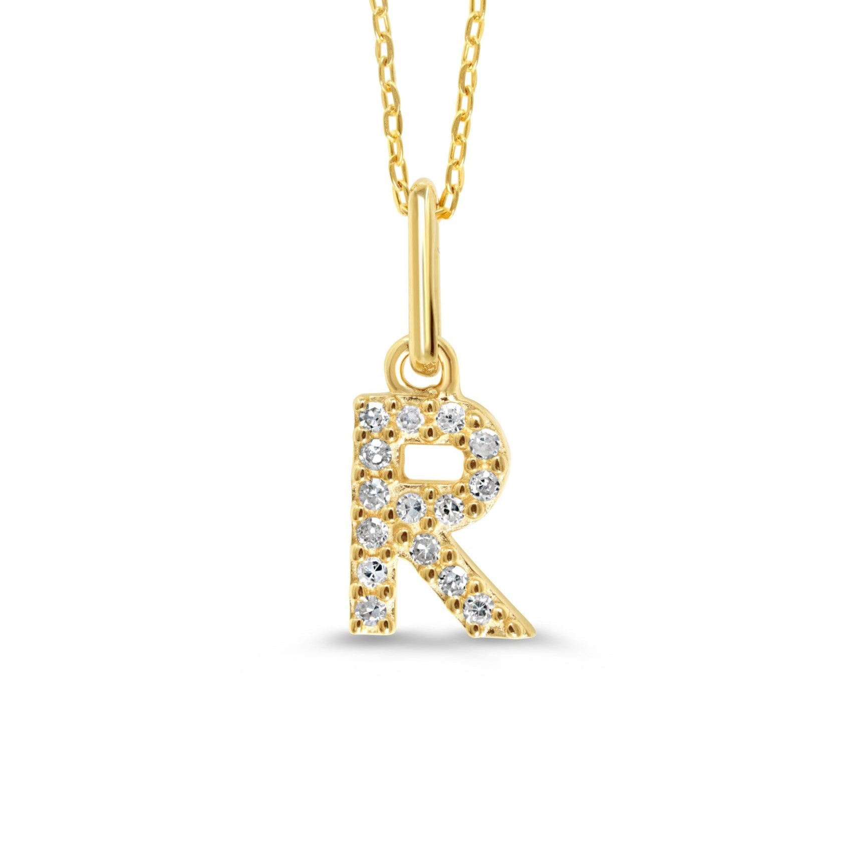 Yellow gold diamond "R" pendant necklace with 0.05CT diamonds and cable chain.