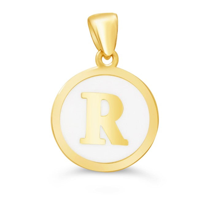 10K Gold Initial "R" Pendant with white enamel background and polished gold frame.