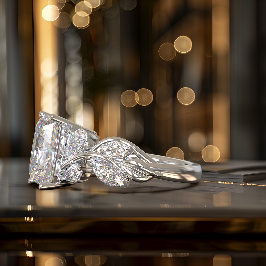 radiant diamond nature-inspired engagement ring with pear and marquise accents shown from multiple angles