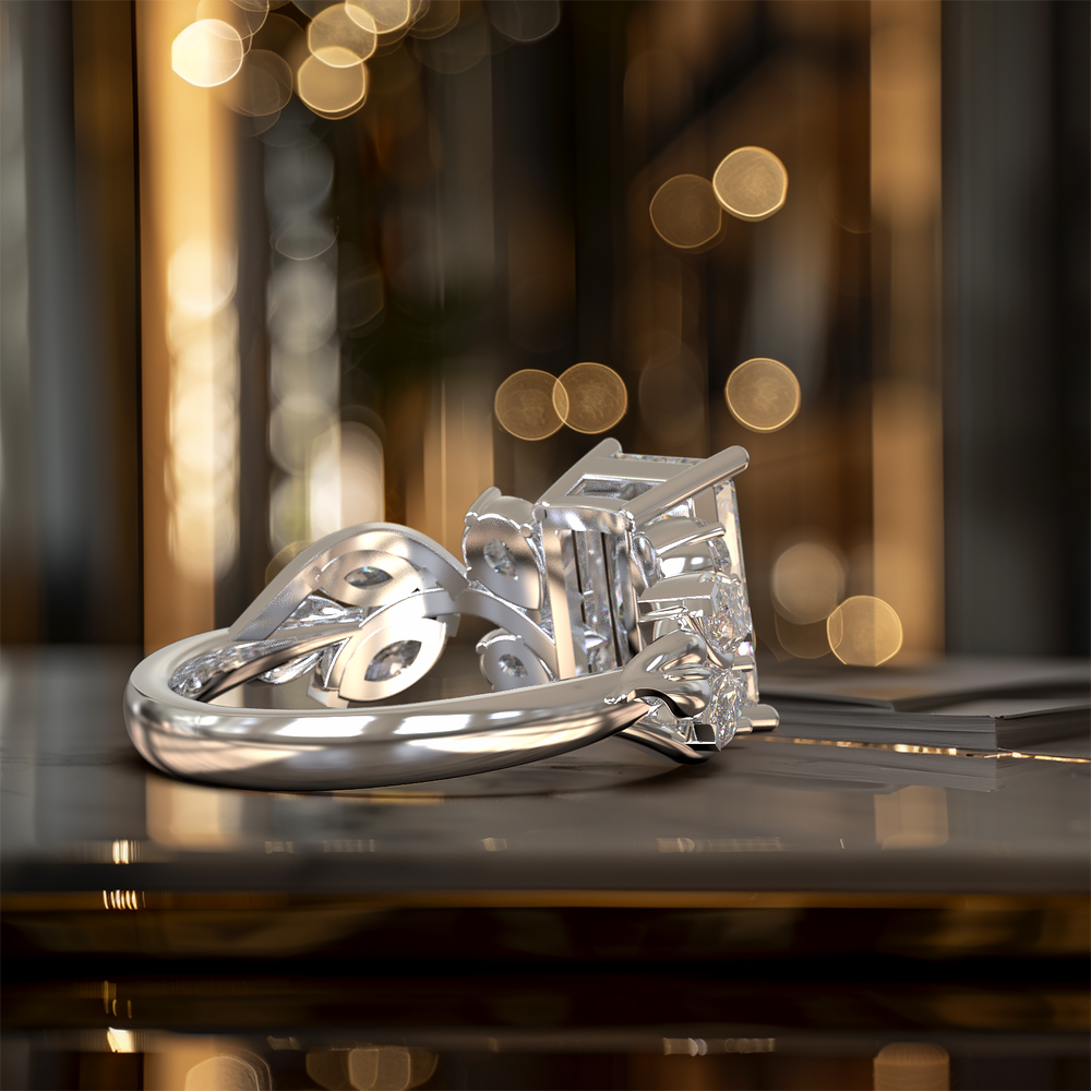 radiant diamond nature-inspired engagement ring with pear and marquise accents shown from multiple angles