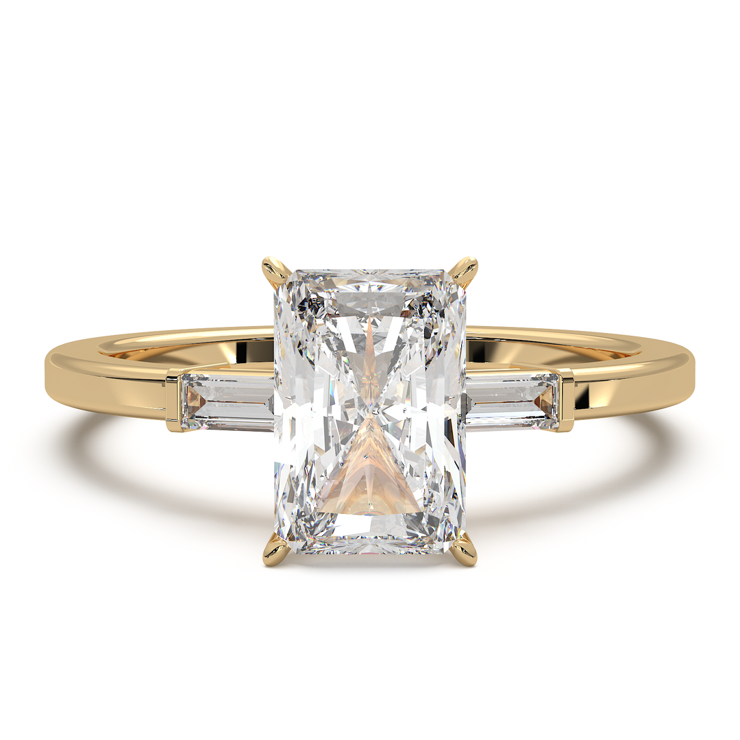 Radiant cut three stone engagement ring with tapered side diamonds.