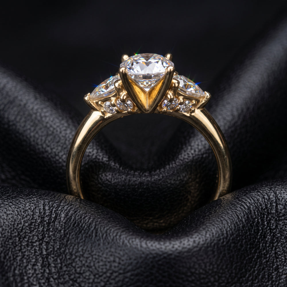Radiant Cut Moissanite Ring with Trillion Side Stones in 14K Gold