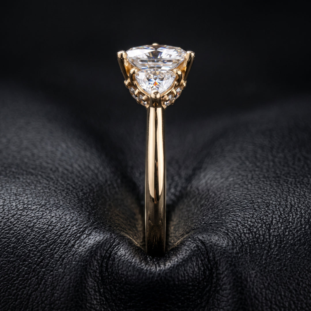 Radiant Cut Moissanite Ring with Trillion Side Stones in 14K Gold