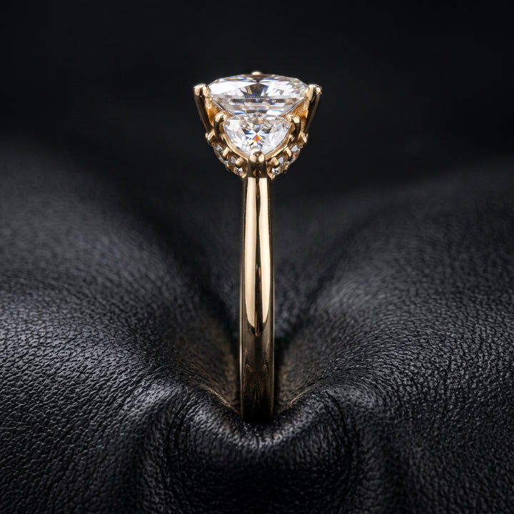 Radiant Cut Moissanite Ring with Trillion Side Stones in 14K Gold