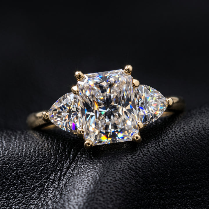 Radiant Cut Moissanite Ring with Trillion Side Stones in 14K Gold