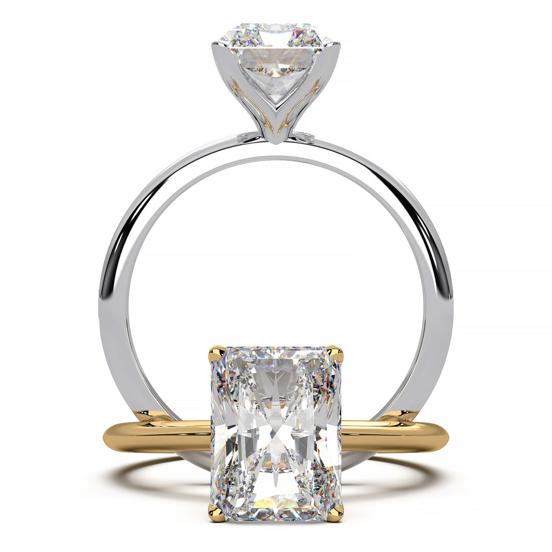 Radiant cut lab-grown diamond solitaire engagement ring with 1.7 carat diamond.