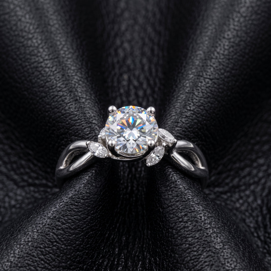 1 Ct Round Moissanite Engagement Ring with Side Stones in 14K Gold
