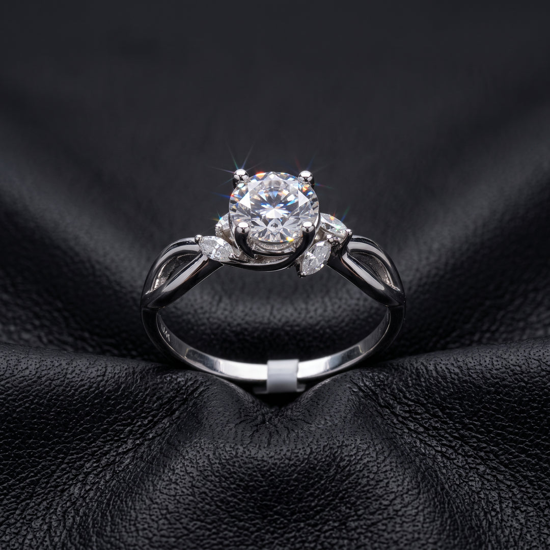 1 Ct Round Moissanite Engagement Ring with Side Stones in 14K Gold