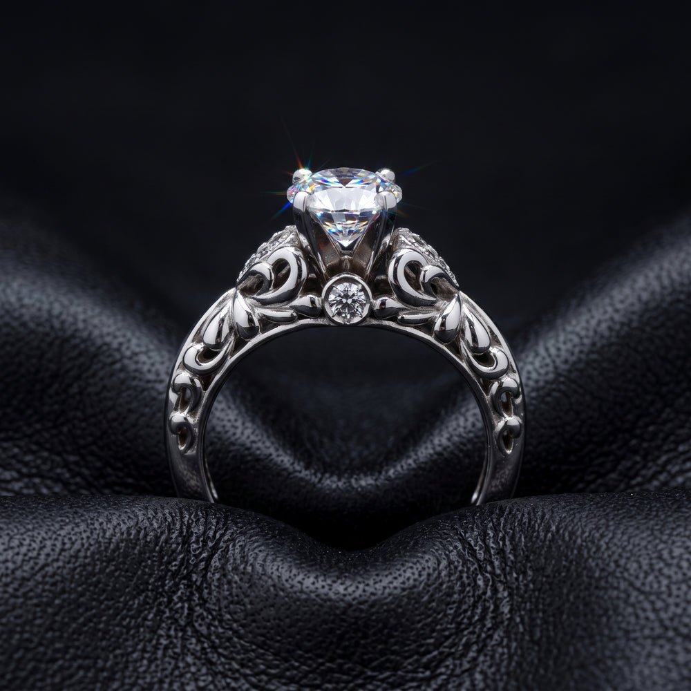 Round Moissan ite Vintage Engagement Ring, 14K White Gold
