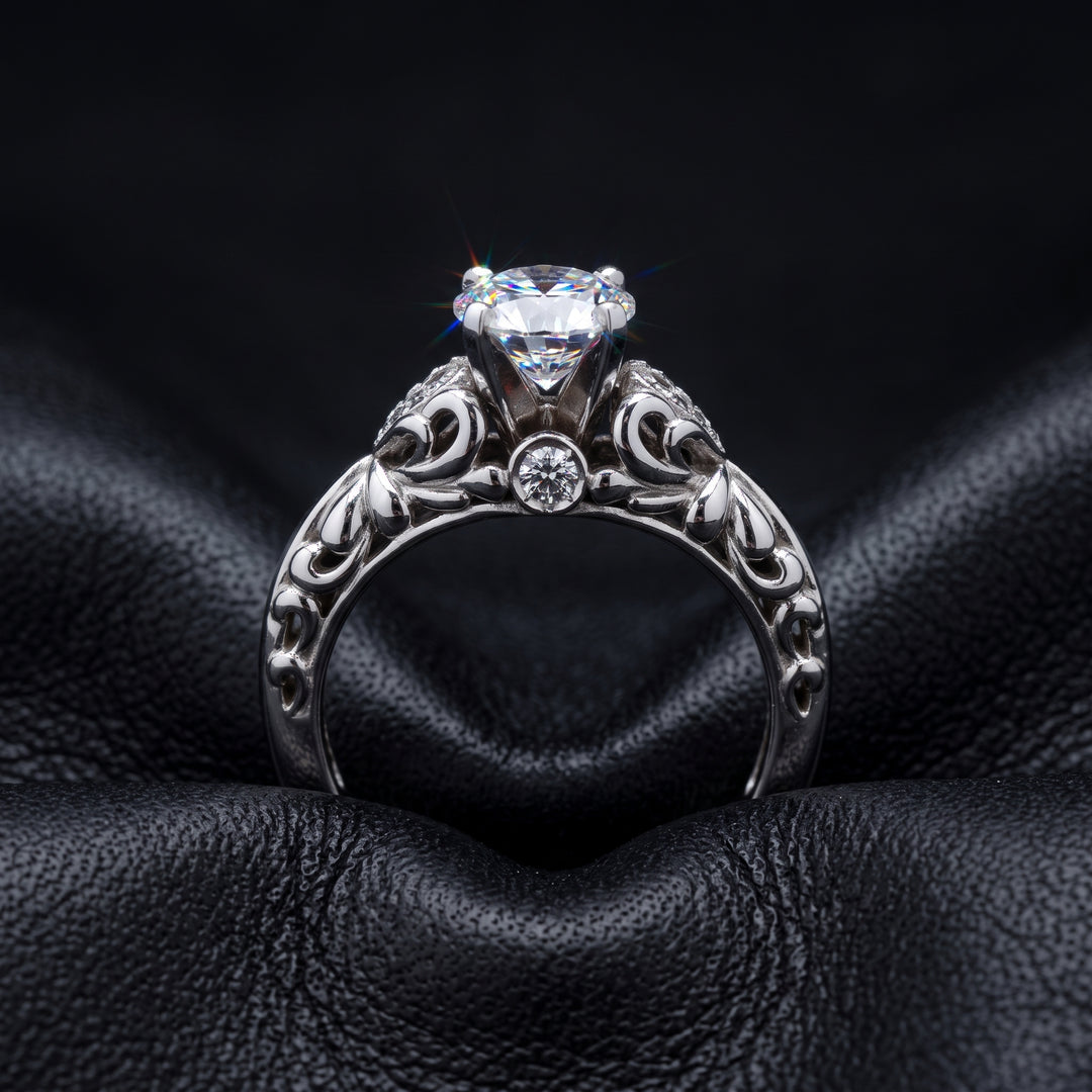 Round Moissan ite Vintage Engagement Ring, 14K White Gold