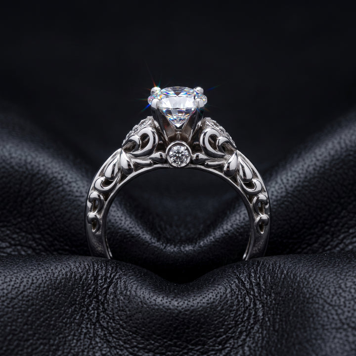 Round Moissan ite Vintage Engagement Ring, 14K White Gold