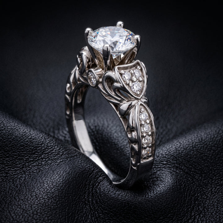 Round Moissan ite Vintage Engagement Ring, 14K White Gold