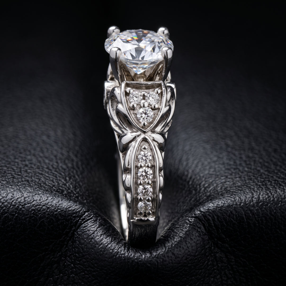 Round Moissan ite Vintage Engagement Ring, 14K White Gold