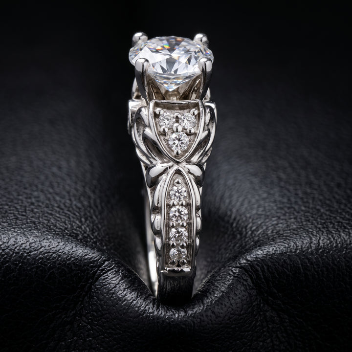 Round Moissan ite Vintage Engagement Ring, 14K White Gold
