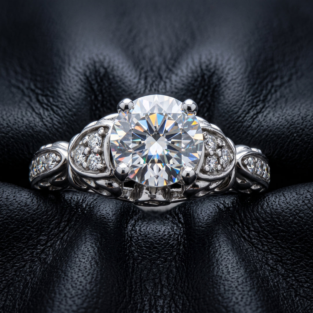 Round Moissan ite Vintage Engagement Ring, 14K White Gold