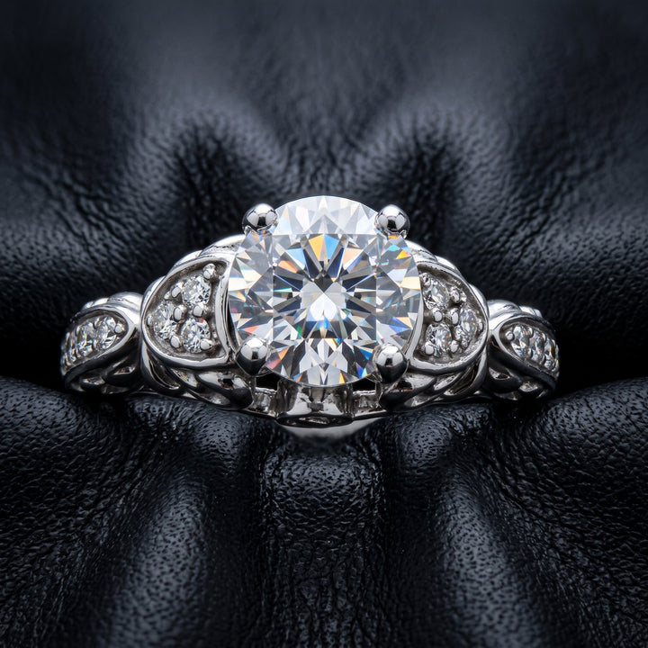 Round Moissan ite Vintage Engagement Ring, 14K White Gold