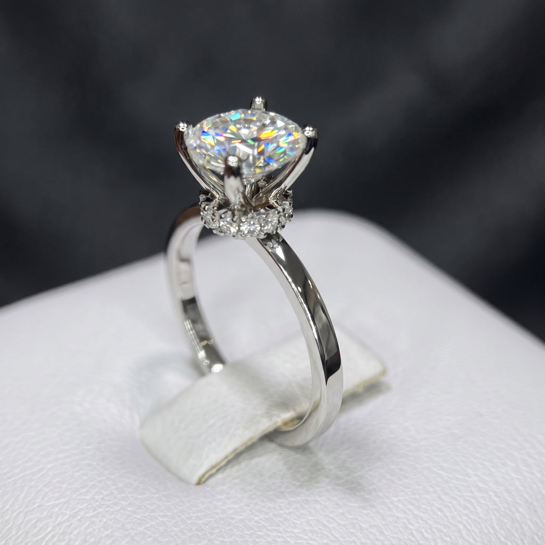 Round Moissanite Ring with Hidden Halo & Diamonds