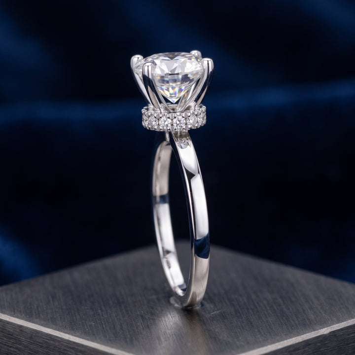 Round Moissanite Ring with Hidden Halo & Diamonds