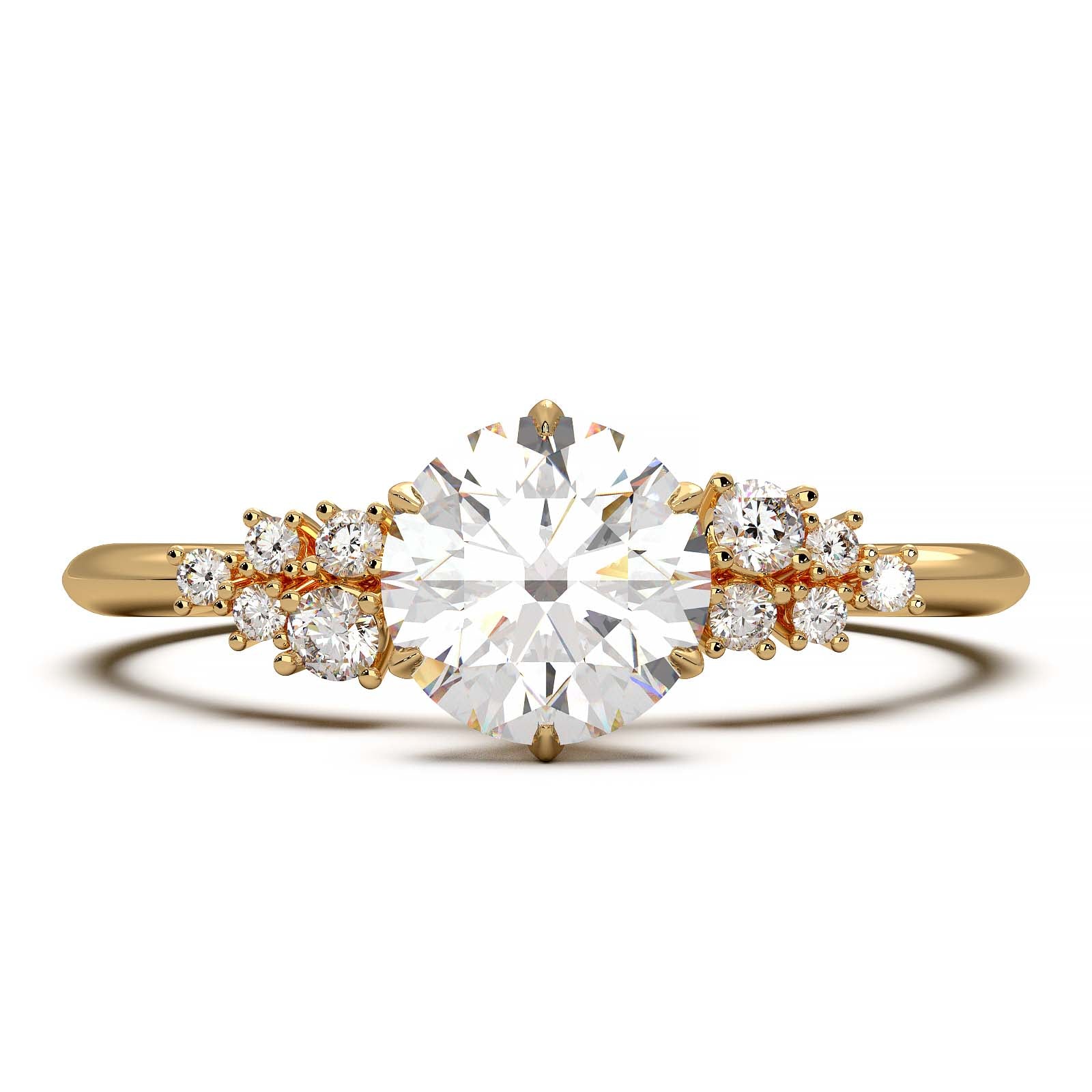 Dainty engagement ring with 0.7 carat round lab-grown diamond in a cluster setting, featuring side diamonds.