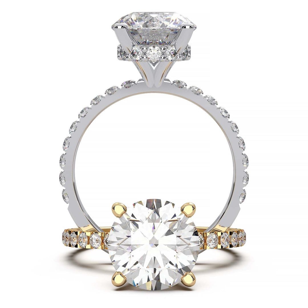 2.5 carat round diamond engagement ring with hidden halo and pavé band