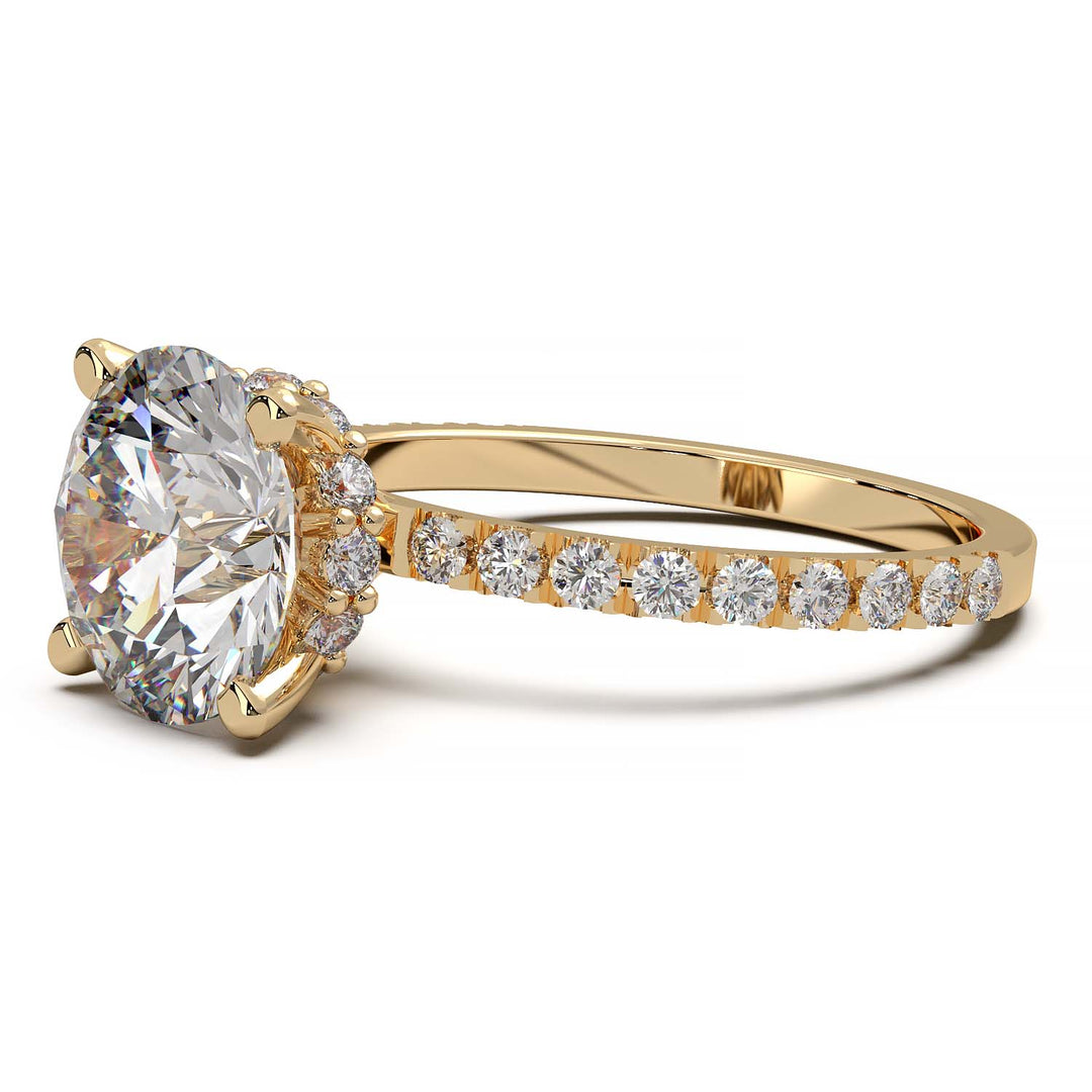 2.5 carat round diamond engagement ring with hidden halo and pavé band