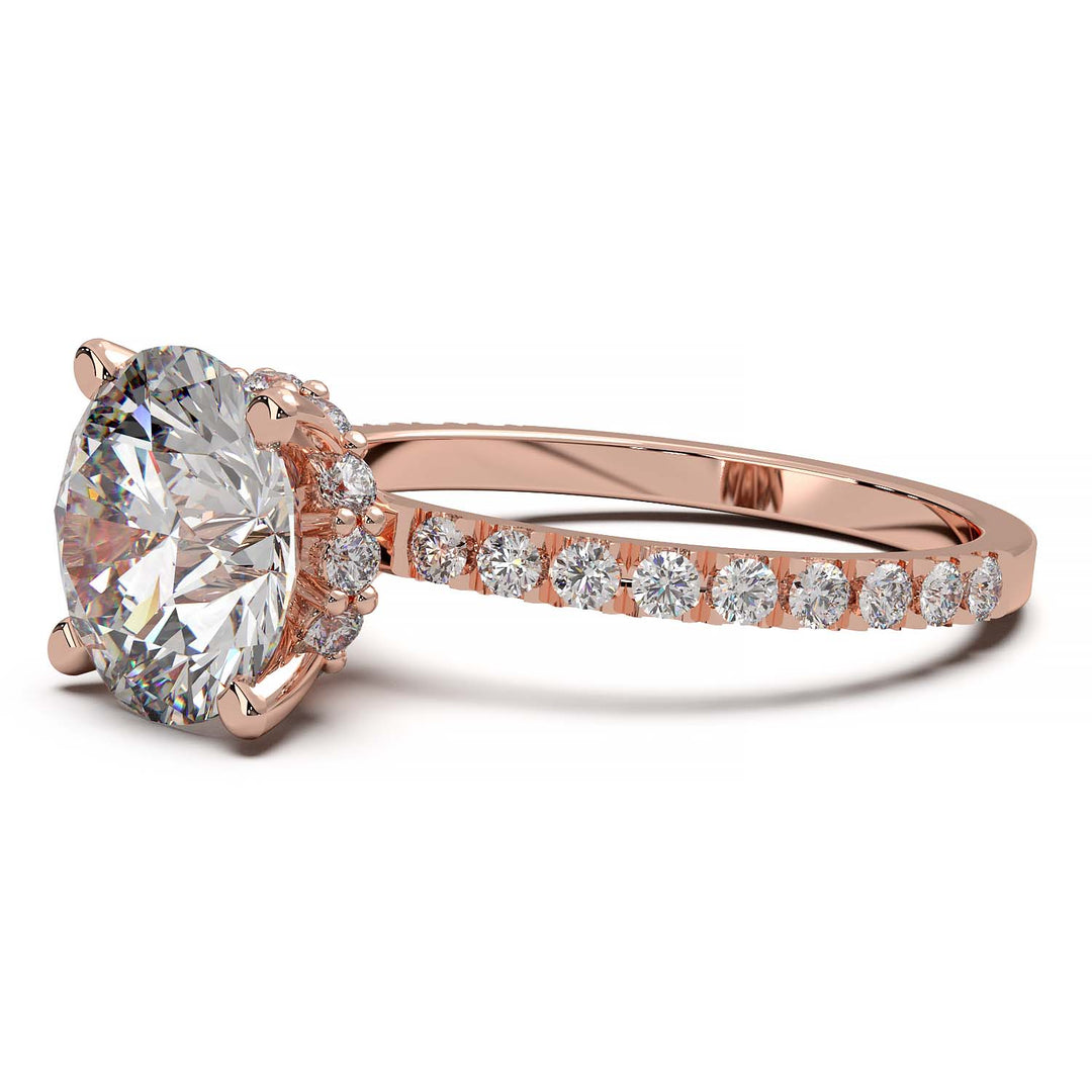 2.5 carat round diamond engagement ring with hidden halo and pavé band