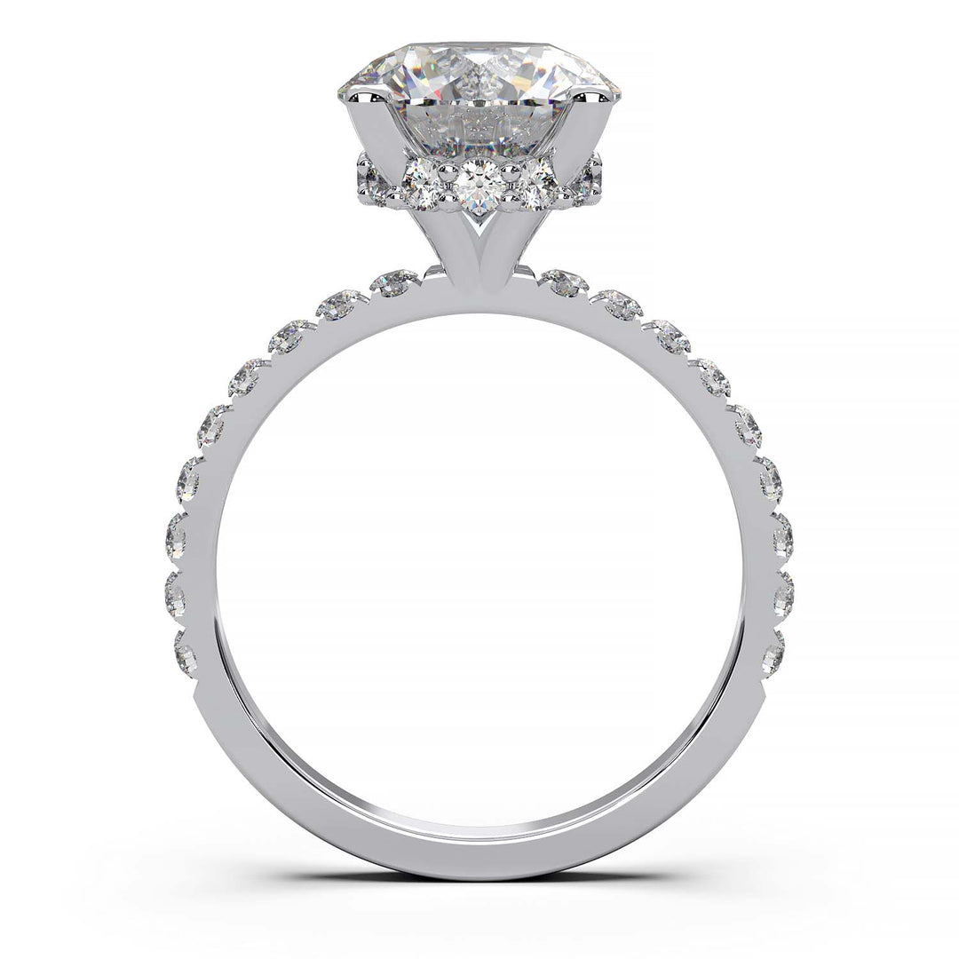 2.5 carat round diamond engagement ring with hidden halo and pavé band