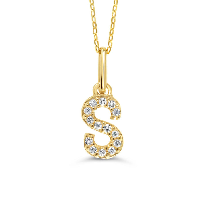 Yellow gold diamond "S" pendant necklace with 0.05CT diamonds and cable chain.