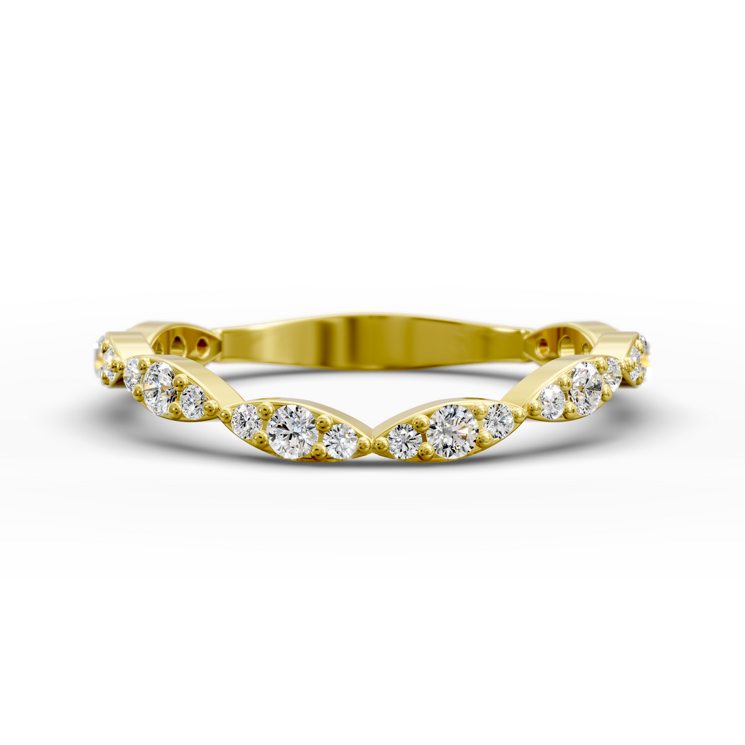 Scalloped vintage-style curved diamond wedding band with marquise detailing