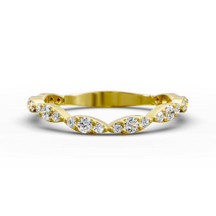 Scalloped vintage-style curved diamond wedding band with marquise detailing