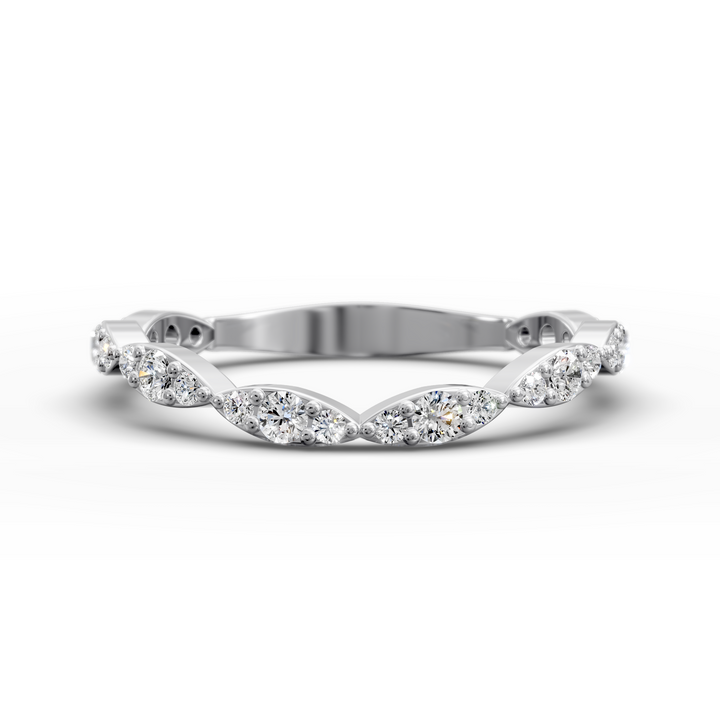 Scalloped vintage-style curved diamond wedding band with marquise detailing