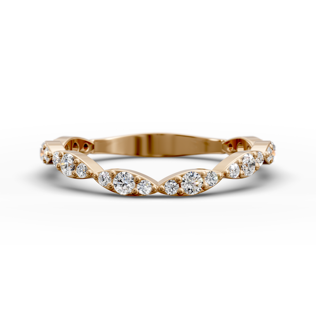 Scalloped vintage-style curved diamond wedding band with marquise detailing