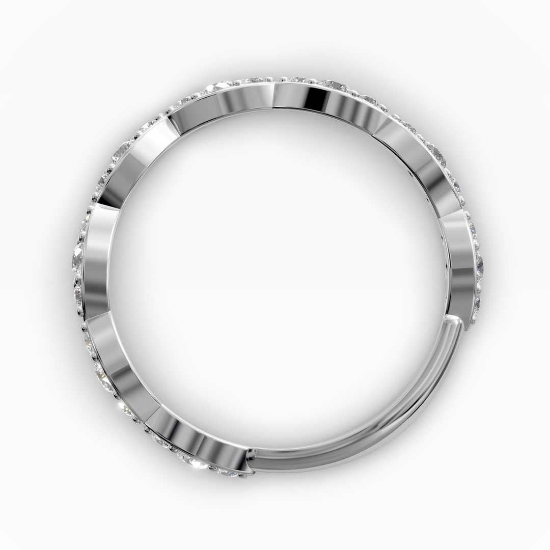 Scalloped vintage-style curved diamond wedding band with marquise detailing