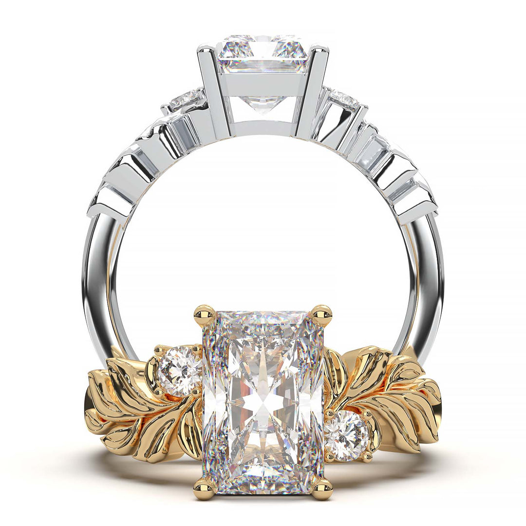 Radiant cut diamond engagement ring with leaf design.