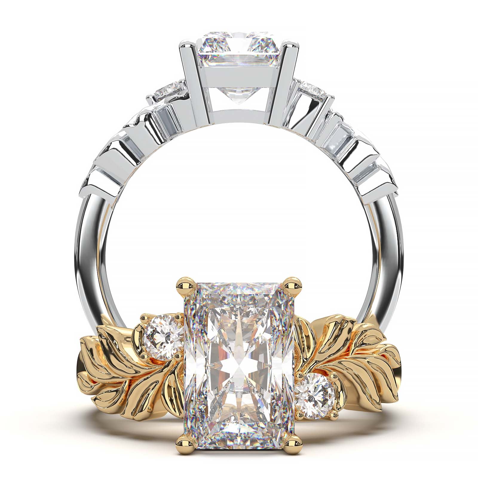 Radiant cut diamond engagement ring with leaf design.