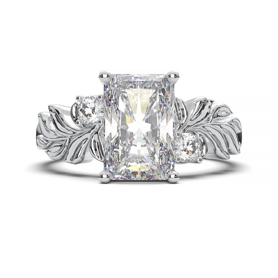 Radiant cut diamond engagement ring with leaf design.