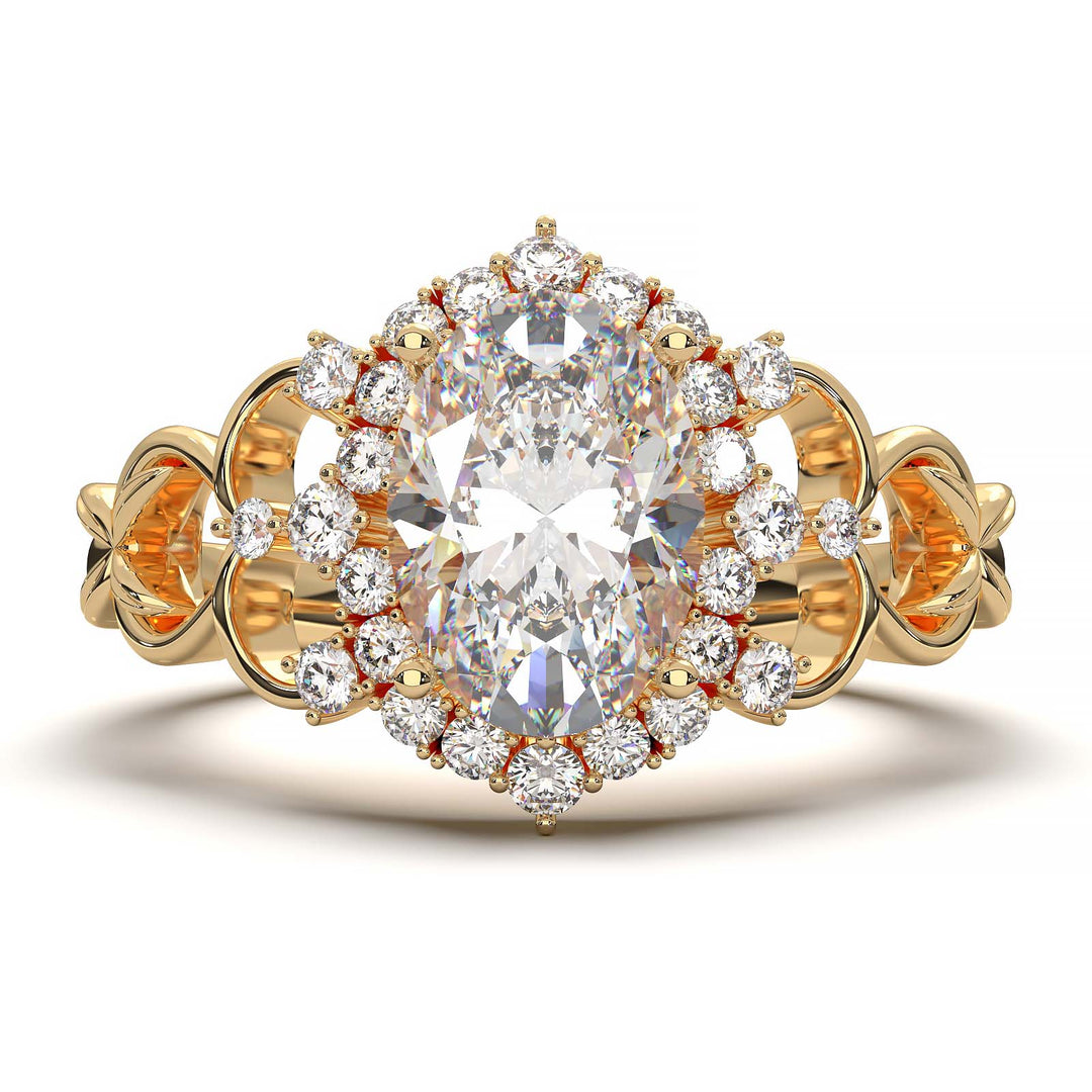 Oval-cut lab-grown diamond engagement ring with intricate vintage-inspired halo design and delicate band.