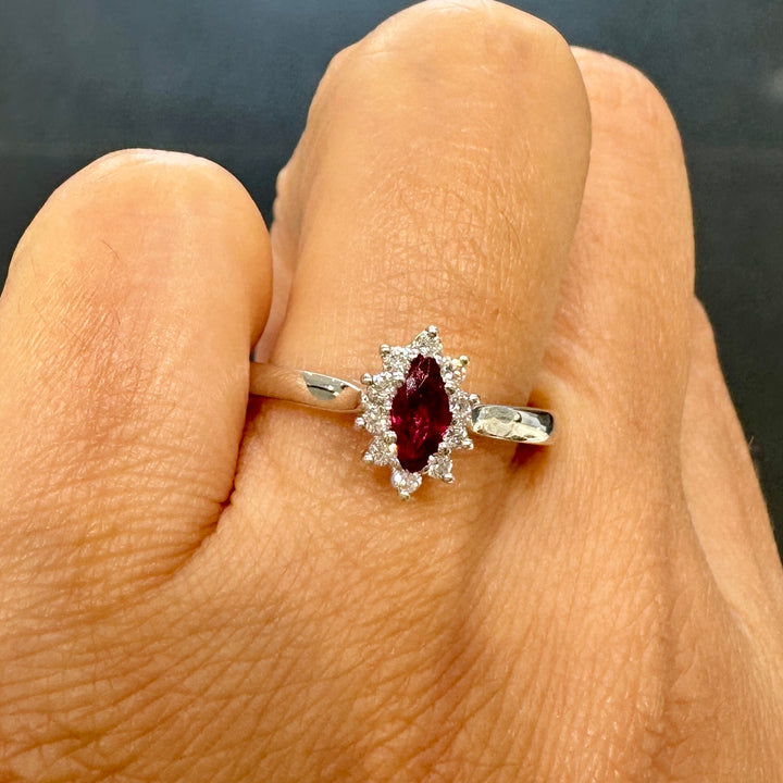 Synthetic ruby ring with natural diamonds in 14K white gold