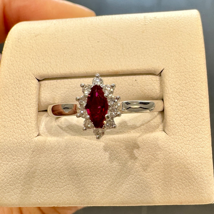 Synthetic ruby ring with natural diamonds in 14K white gold