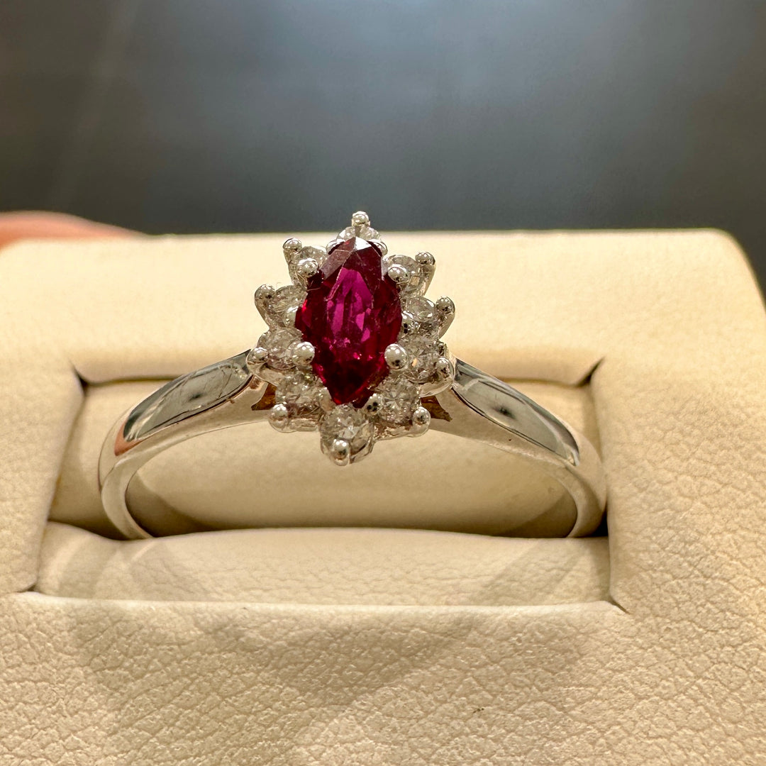 Synthetic ruby ring with natural diamonds in 14K white gold