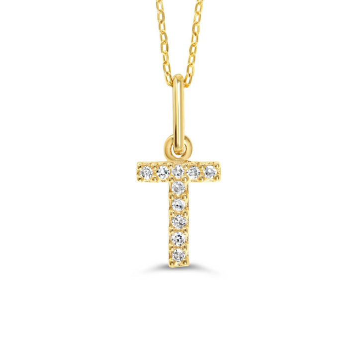 Yellow gold diamond "T" pendant necklace with 0.03CT diamonds and cable chain.