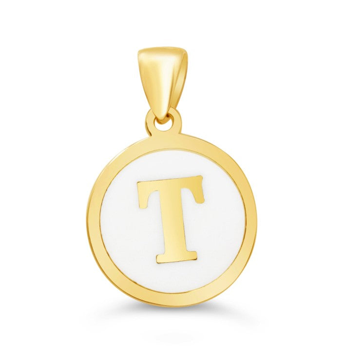 10K Gold Initial "T" Pendant with white enamel background and polished gold frame.