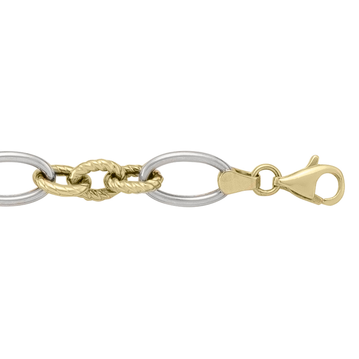 14k yellow and white gold bracelet with delicate two-tone links and a lobster clasp, 7.25 inches long.