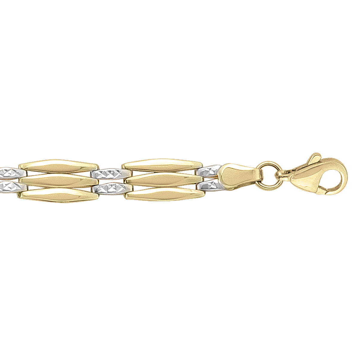 14k yellow and white gold bracelet with intricate two-tone links and a lobster clasp, 7.5 inches long.