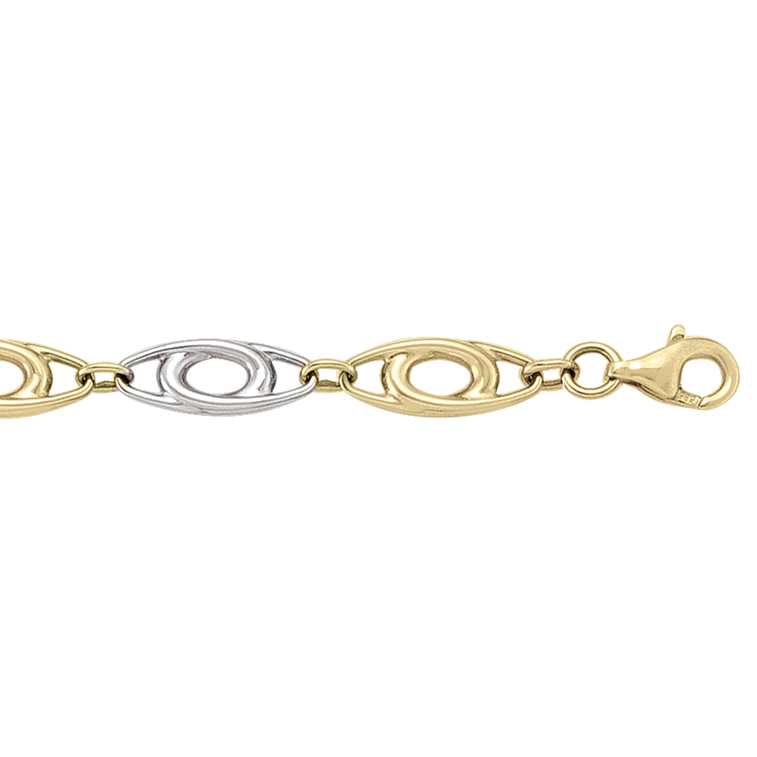 Two-tone 14k yellow and white gold hollow fancy bracelet with open oval links and lobster clasp.