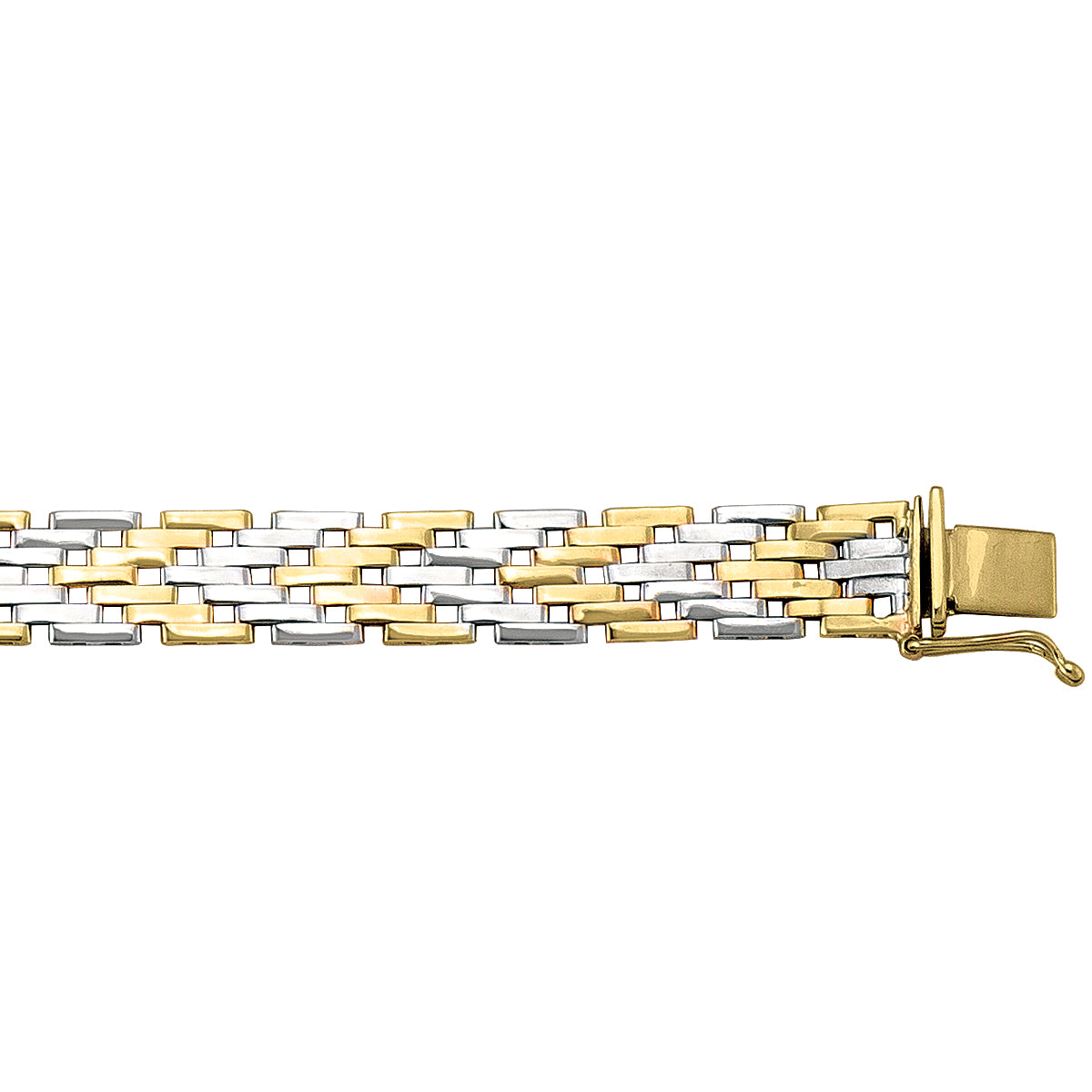 14k two-tone bracelet with an intricate woven design, combining yellow and white gold, 7.5 inches long.