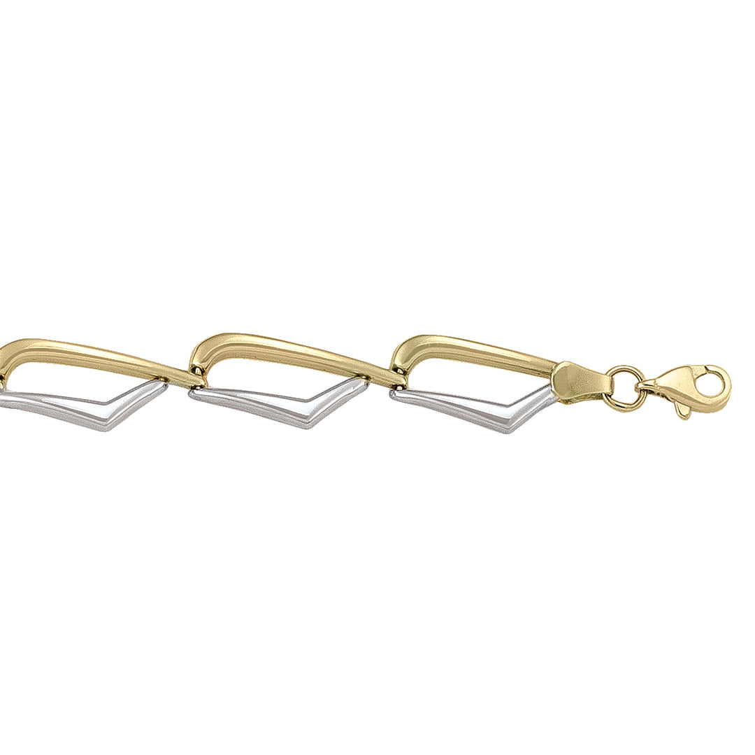 14k yellow and white gold bracelet with unique geometric two-tone links, 7.5 inches long.