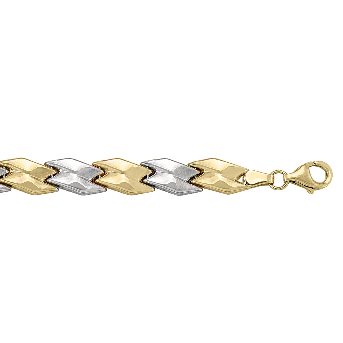 14k yellow and white gold bracelet with unique diamond-shaped two-tone links, 7.5 inches long.